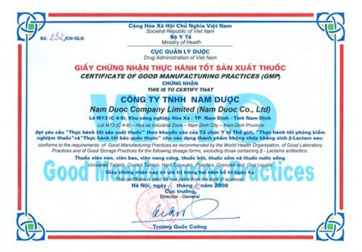 Chứng nhận chứng minh Tiêu chuẩn gmp