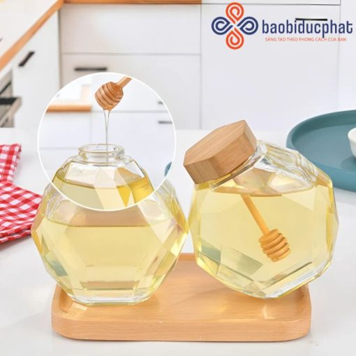 Hũ thủy tinh mật ong có muôi gỗ, nút bần 200ml